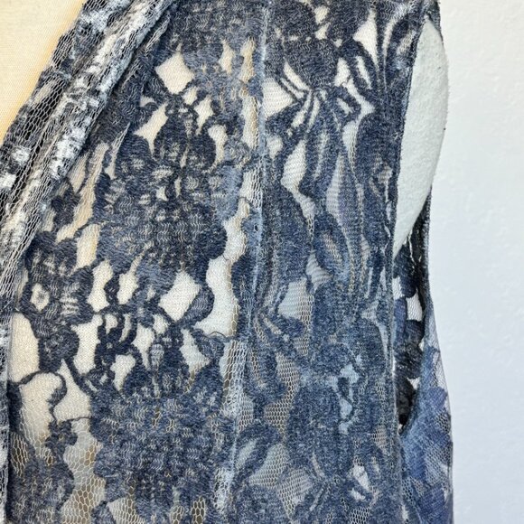 Womans long lace open vest SZ LG Hi Low sides BOHO overtop Slate blue - Picture 3 of 7